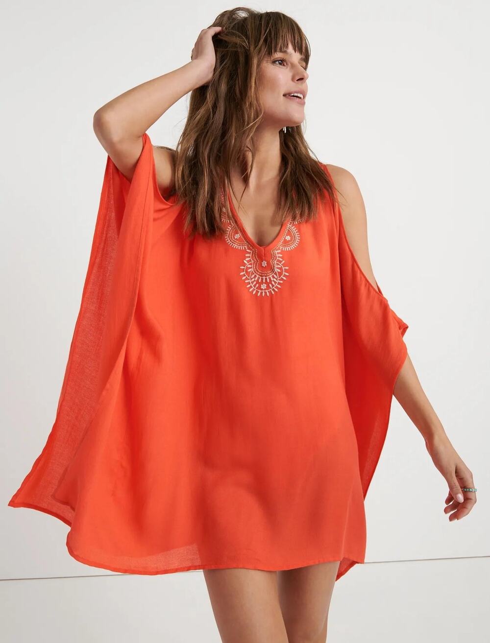 Lucky Brand La Quinta Embroidered Cold Shoulder Tunic Top Orange Small S